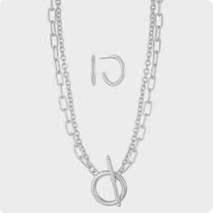 Liz Claiborne Silver Toggle paperclip double chain Necklace and Earring Set